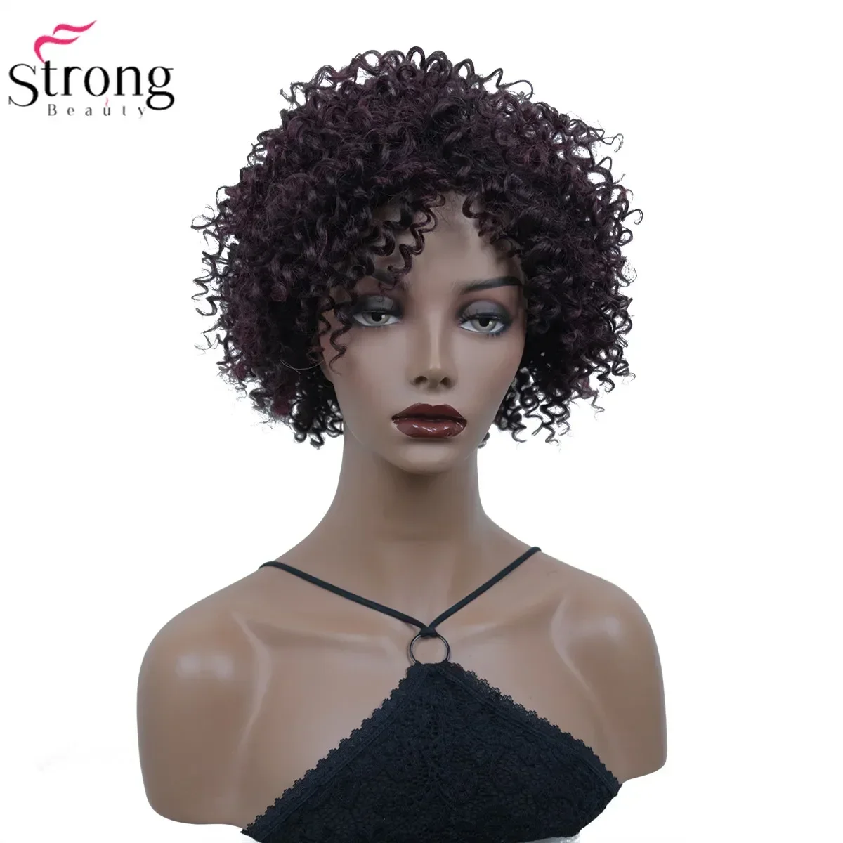 شعر مستعار صناعي قصير مجعد من سترونج بيوتي أفرو كينكي للنساء، شعر مستعار أحمر خمري/أسود طبيعي