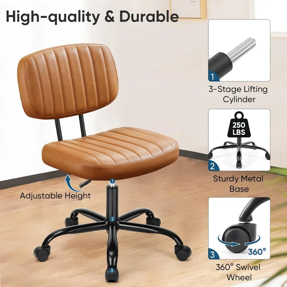 Ergonomic W Low Back Lumbar Support, Height Adjustable PU Leather Computer Task with 360° Swivel Rolling Wheels, for Small Space