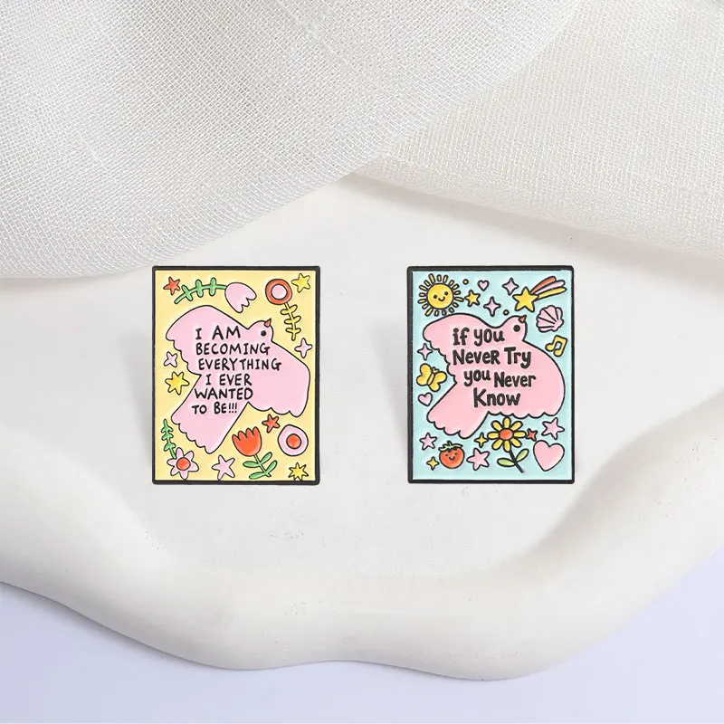 Inspirierendes Zitat Emaille-Abzeichen-Set „Ich werde alles“ Rosa Vogel Blume Metall-Brosche Revers-Accessoire Geschenk für Studenten – Detail 6