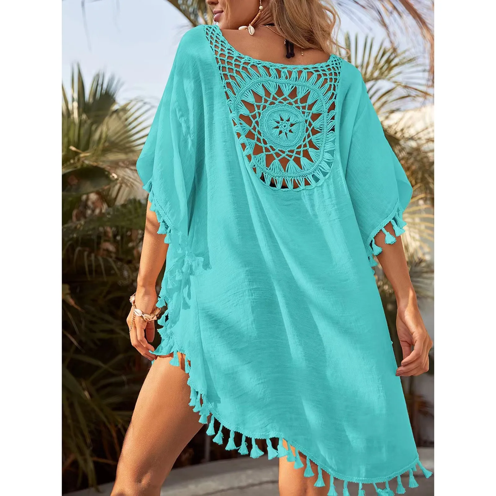 Seksowna luźna modna bawełniana lniana sukienka plażowa Zwykły kolor Bikini Cover UP Strój kąpielowy Hollow Out Casual Vacation Dress Robe De Plage