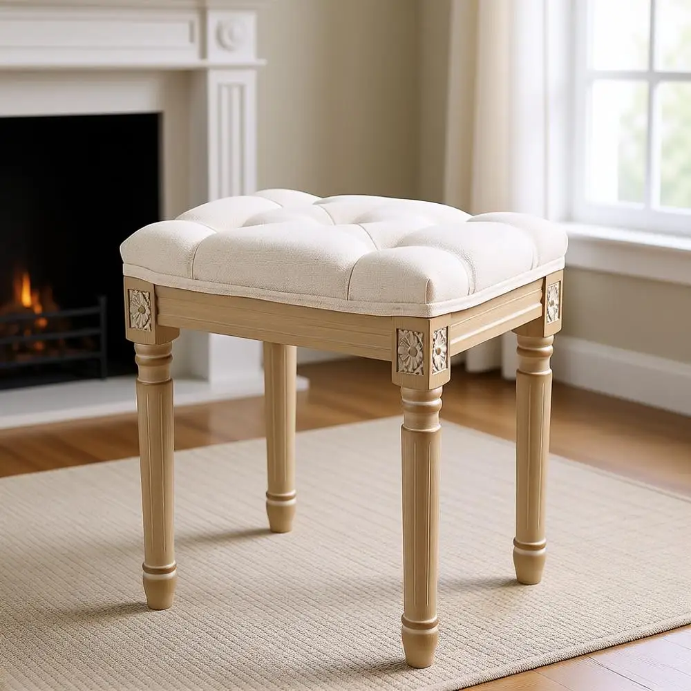 Vintage Upholstered Bench Seat for Bedroom, Dining, or Living Room, Beige Fabric with Rustic Wooden Legs, Easy Assembly