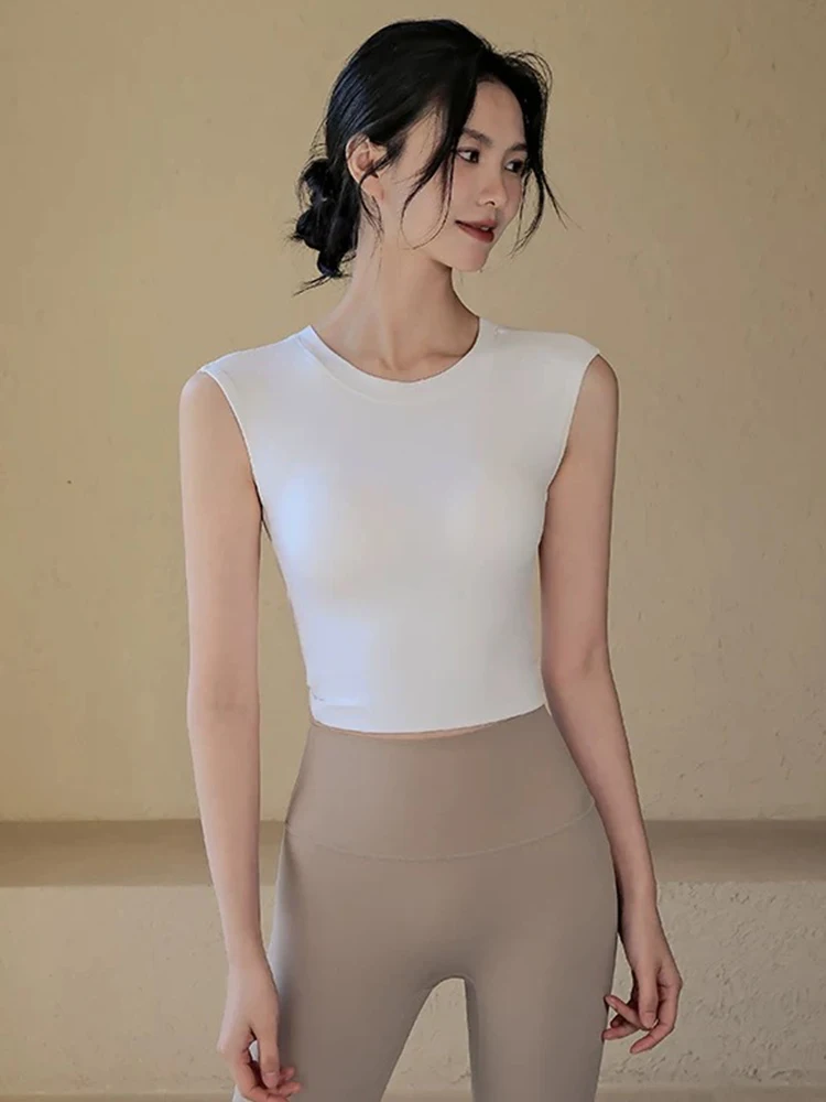 Sexy korte rugloze vaste borstpad sport T-shirt vest dames nauwsluitende sneldrogende afslankende yogapak topkleding - afbeelding 2