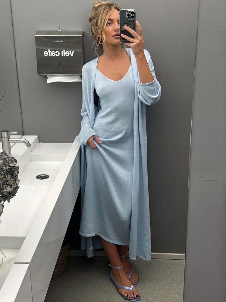 

Tossy Knitwear Fashion Long Dress Outfits Women's Loose Cover up V-Neck Ribbed 2 Piece-Set Party Looks Female Knit Dress Sets