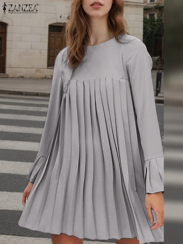 Fashion Women Tunic Dress ZANZEA Spring Elegant Long Sleeve Party Work Sundress Solid Pleated Vestidos Stylish Mini Dress 2025