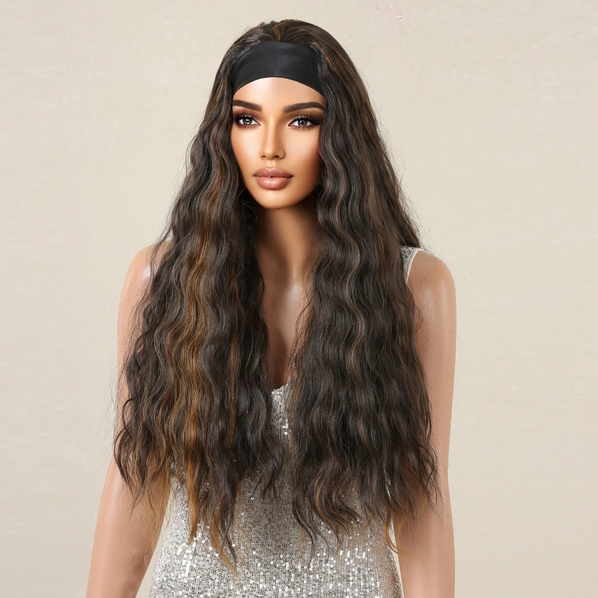 Long Curly Headband Synthetic Wig Mixed Brown Wavy Hair Wigs for Daily Party Use Fake Hair for Black Women Heat Resistant Wigs