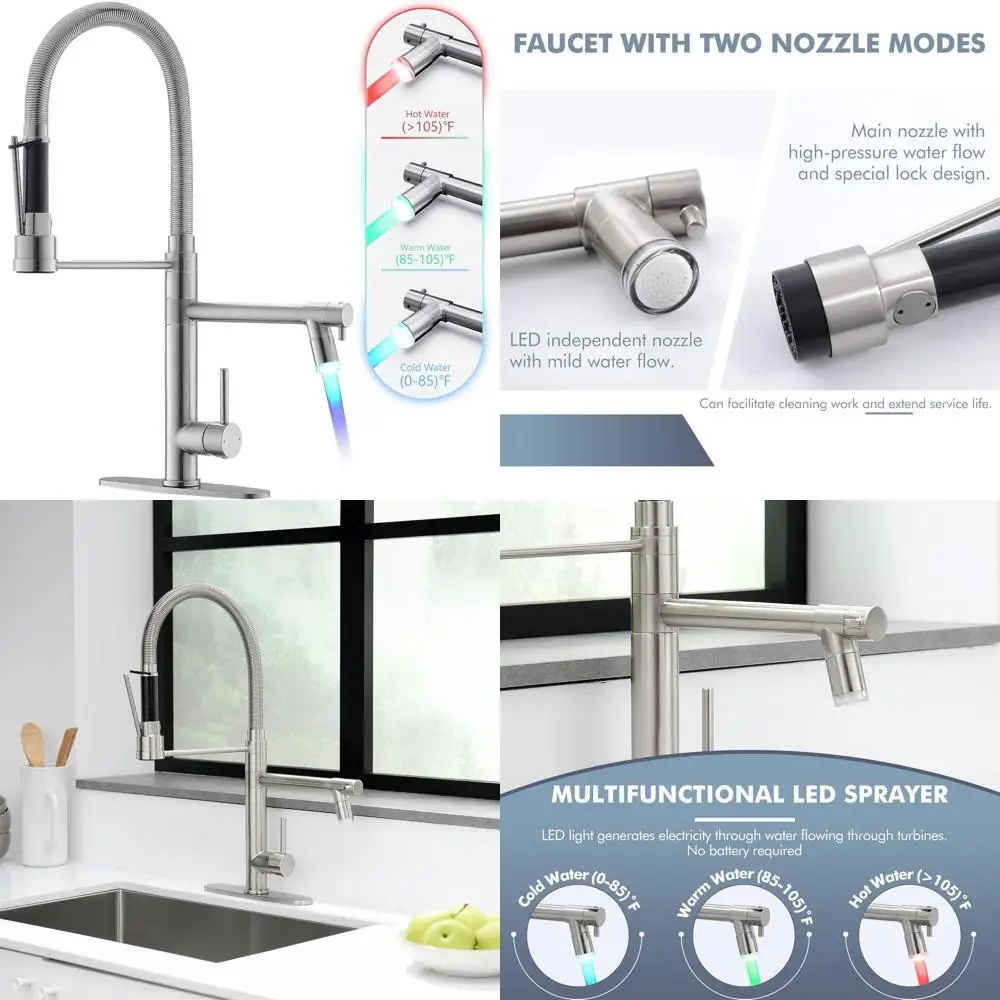 

Светодиодный выдвижной распылитель, кухонный смеситель с двойным носиком и отделкой из матового никеля