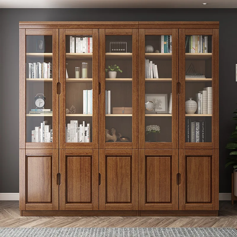 Modern simple Chinese solid wood bookcase, floor-to-ceiling glass door bookshelf combination