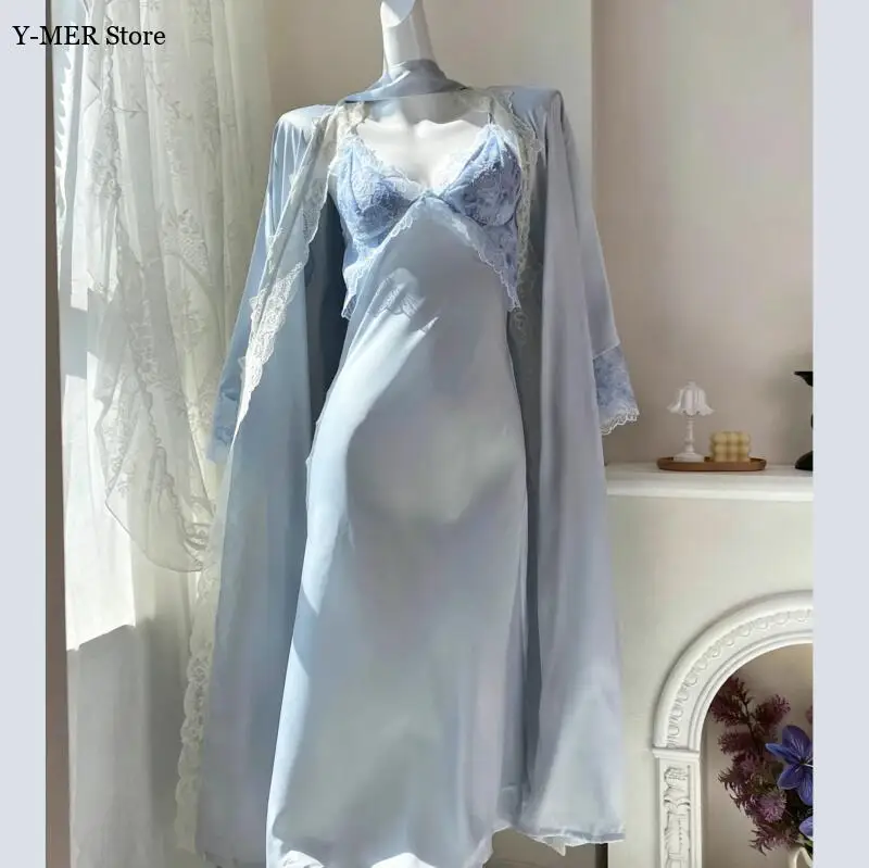 

Blue Sleepwear Sexy Chemise Home Dressing Gown 2Pcs Kimono Robe Set Ice Silk Nightwear Lady Summer Spring New Nightdress
