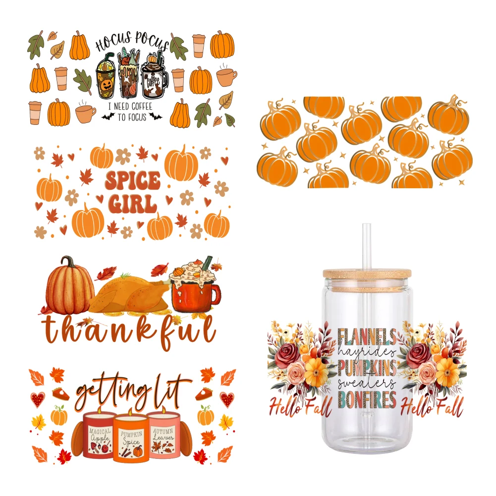 

11x24cm New Fall Season Designs For Libbey 16oz Can Glass 3D Waterproof UV DTF Coffee Can Wrap Libbey Glass Wrap