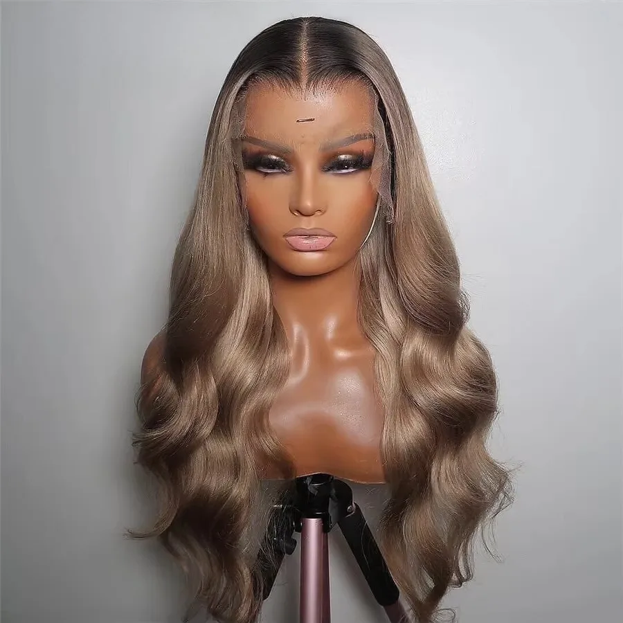 Ombre Ash Blonde 13x4 Hd Synthetic Lace Front Wigs Straight Dark Roots Invisible Hairline Medium Part Women Party Cosplay Wig