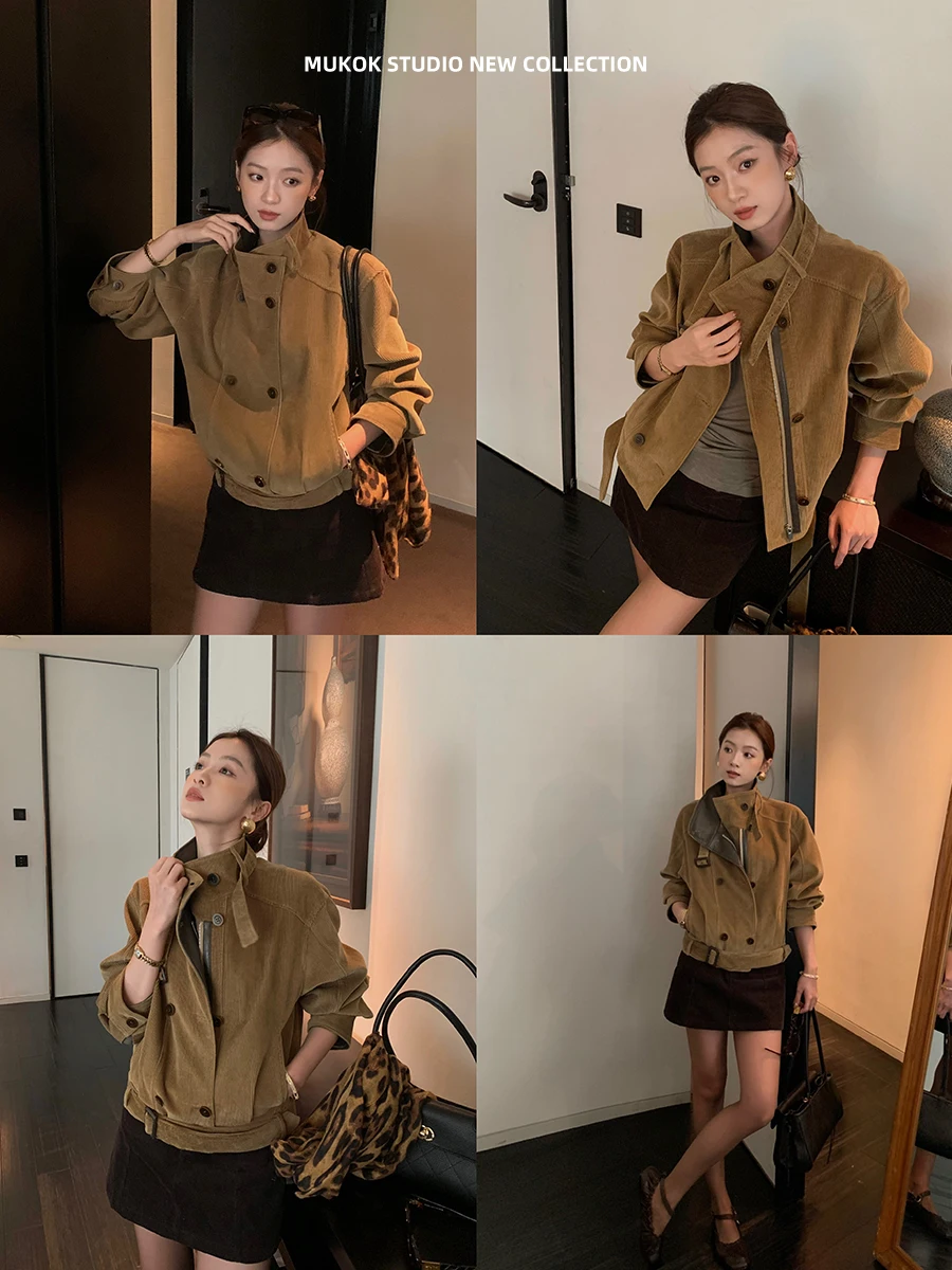 MUKOK Short Corduroy Jacket Vintage Faded Shoulder Drop Shoulder Short Style Commute Cotton Ladies' Jacket Zipper Closure