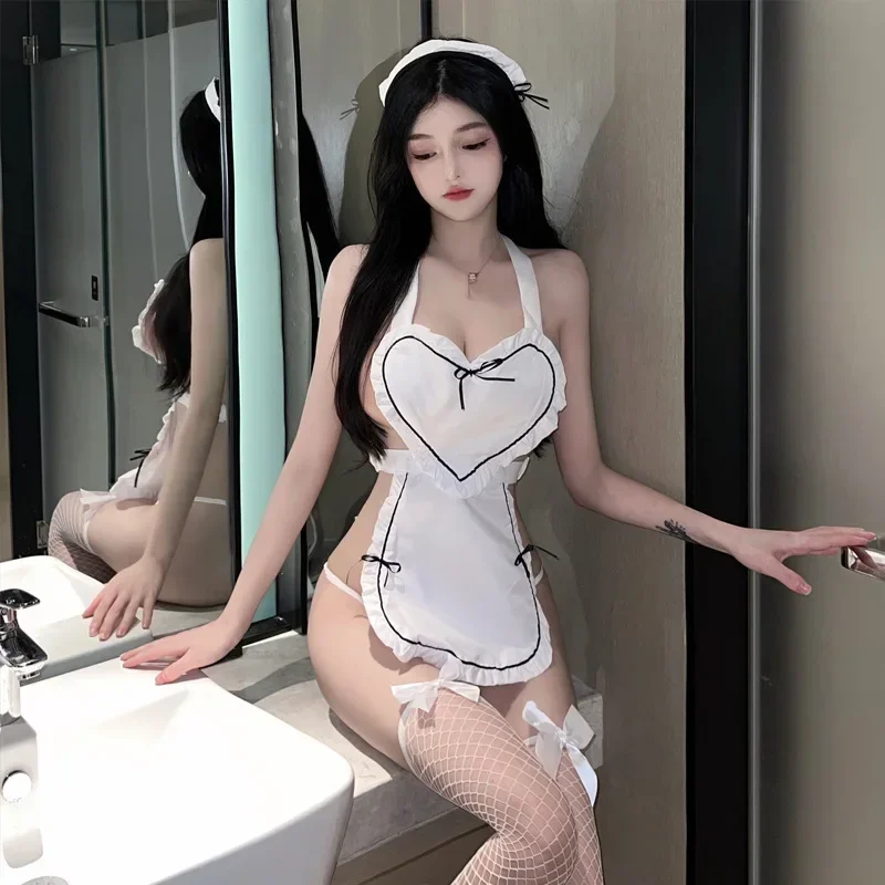 

Sweet Beauty Servant Apron Outfit Underwear Erotic Girl Temptation Hollow Heart Shape Sensual Lingerie Porno Suit Erotic Apparel
