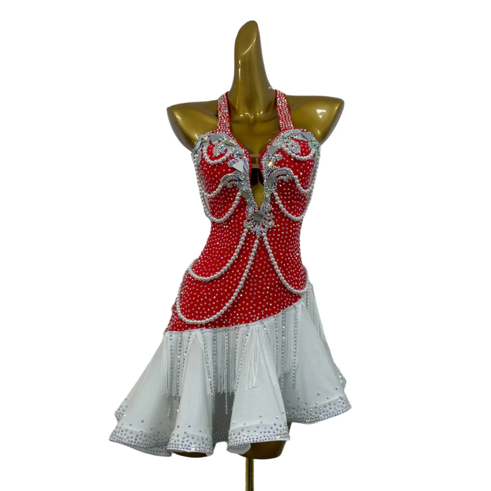 Latin Dancers, Adults, Children, High-End Customized Pearl String Flower Costume, Tango Samba AB Stone Performance Dress