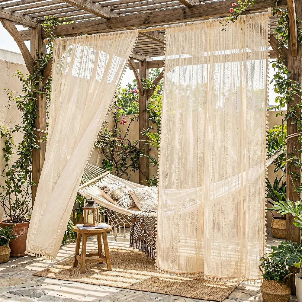 2 Panels Boho Tassel Crochet Curtains for Living Room Geometry Knitted Lace Light Filtering Curtains Vintage Rod Pocket Curtain