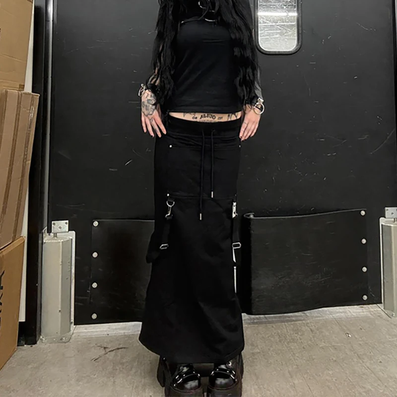 القوطية الأسود مرونة الخصر Bodycon التنانير الطويلة Y2K الشرير الأشرطة مستقيم حورية البحر التنانير النساء موضة جديدة الخريف الشارع الشهير #3