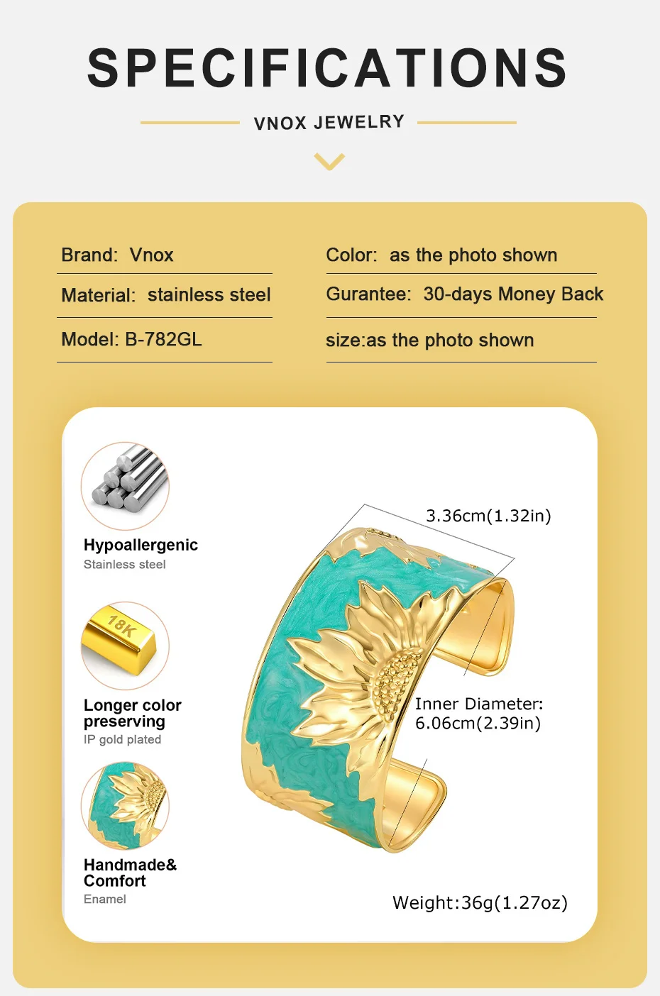 Vnox Vintage Chunky Emaille-Armreif in Blumenform für Damen, vergoldet, mit übertriebener Öltropfen-Optik, offener Armreif, Statement-Schmuck – Detail 4