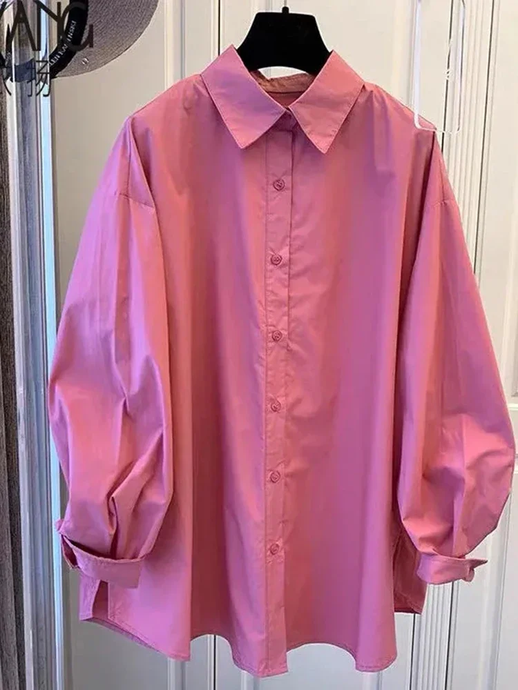 Camisa de algodão de manga comprida para mulheres, gola virada para baixo rosa, verde, blusa branca, moda coreana, elegantes senhoras do escritório, P71, 2024