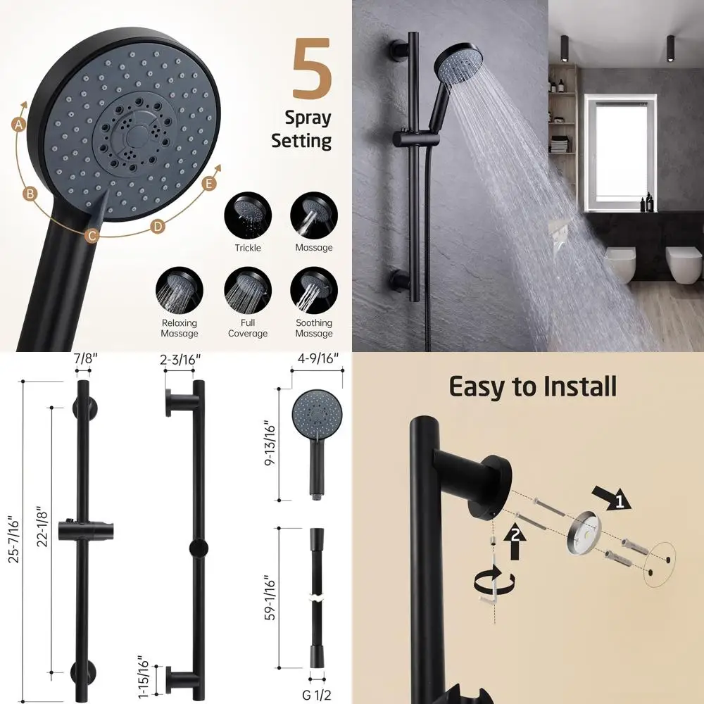 

5-Function Matte Black Handheld Shower Head with Slide Bar and Hose, F204-BK-C1