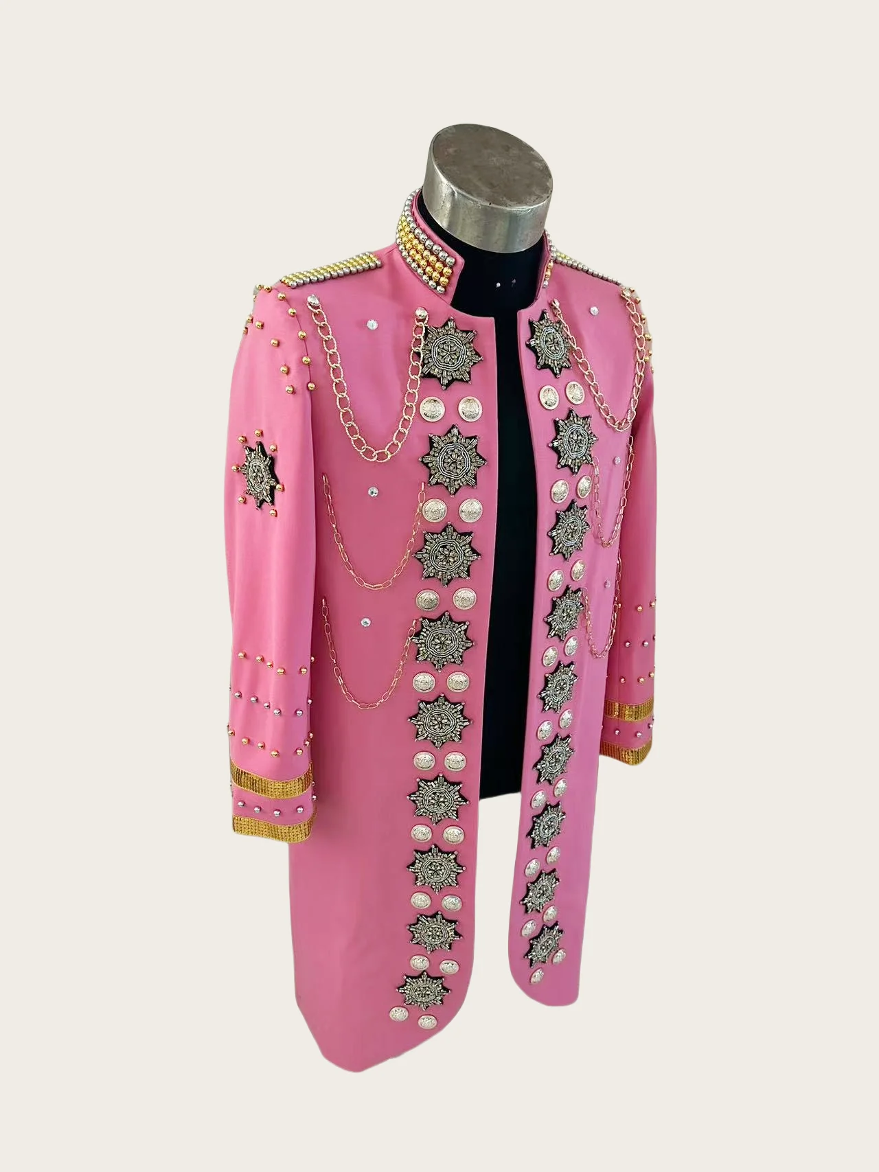 Nueva chaqueta rosa personalizada con cadena de Metal de largo medio para hombre, disfraces de Gogo para espectáculo en escenario, ropa de actuación para bailarina y cantante de fiesta en Club