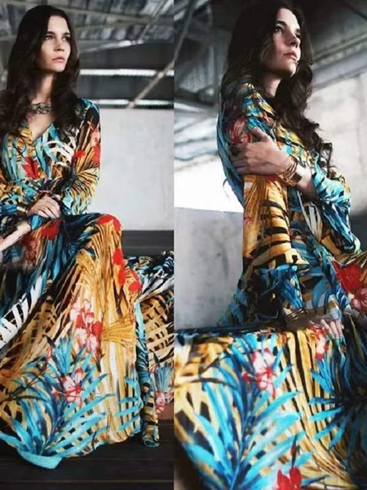 Women\'s 2024 Autumn New Lantern Sleeves Sexy Deep V Fashion Printed Dress Green Leaf Strap Waist Ankle Long Dress