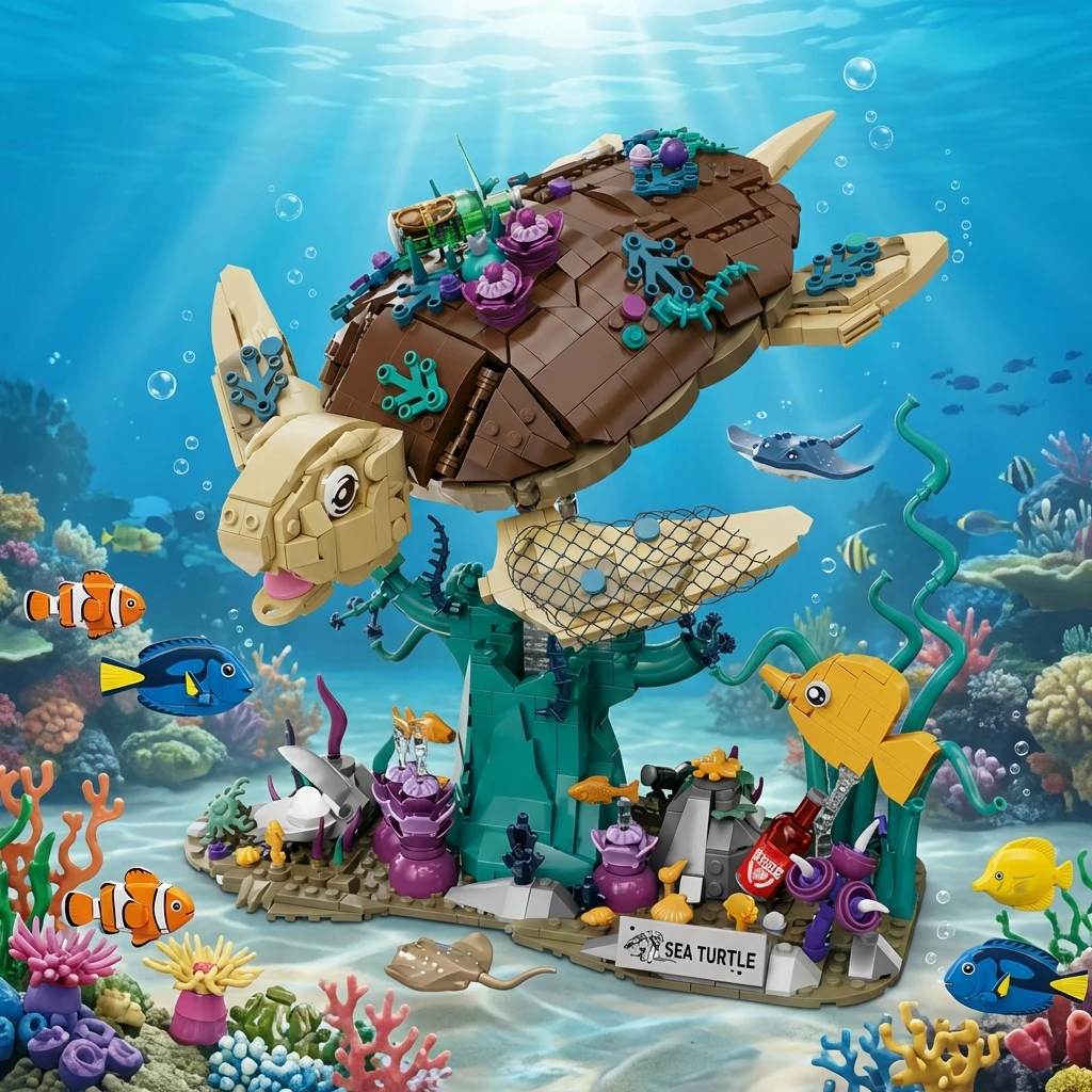 Juego de bloques de construcción de tortugas marinas de 1271 piezas, bloques de modelo de vida marina y acuario, decoración creativa para adultos, juguetes MOC con temática del océano, regalos