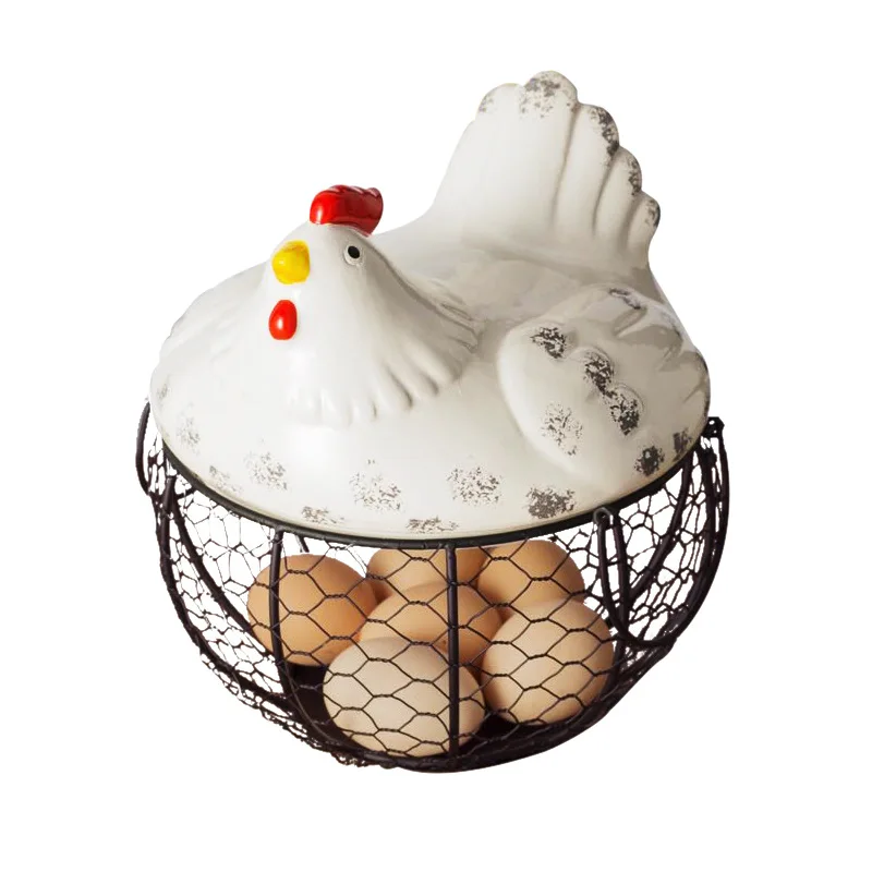 Nordic Hen Storage Basket with Lid Ceramic Metal Wrought Iron Egg Kitchen Debris Container Potato Garlic Baskets