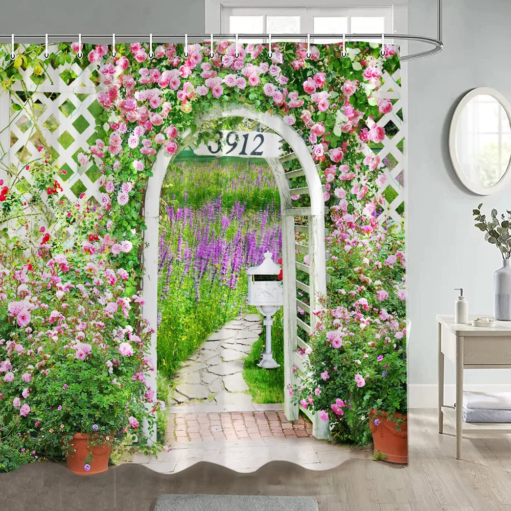 Garden Flowers Scenery Shower Curtains Natural Rustic Pink Floral Plant Modern Wall Hanging Polyester Bathroom Curtain Decor Set