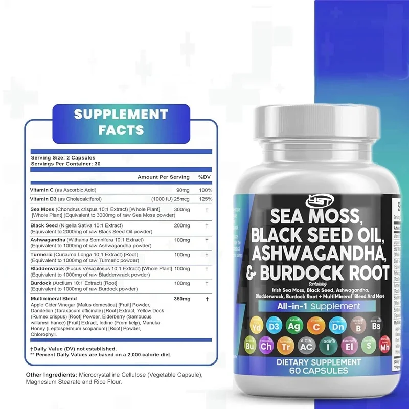 SeaMoss BlackSeed OilSouthAfrican Drunken Eggplant Turmeric Vitamin C D3 Containing Elderberry Iodine Chlorophyll ACV60 Capsules