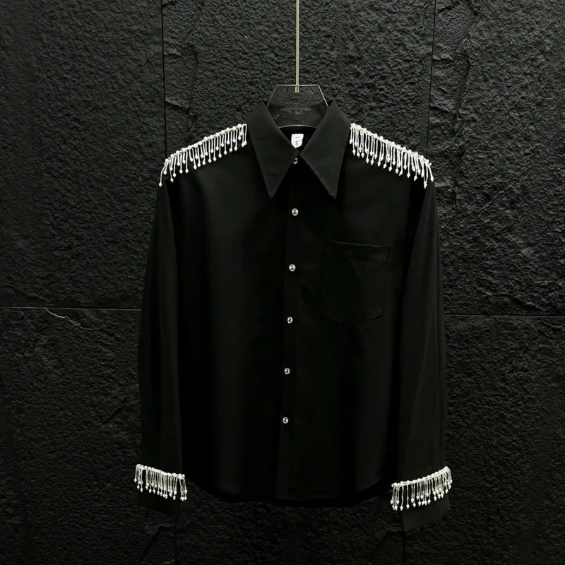 WVGA Spring New Men Unique Design Pearl Tassel Trendy Shirt Korean Style Light Luxury Loose Fit High-end Stylish Tops Ins W24568