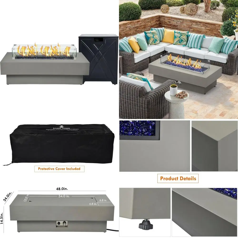 

Outdoor Modern Rectangular Fire Pit Table with 48-inch Diameter, 50,000 BTU, 20lb Propane Tank Cover, and Wind Glass Shield for