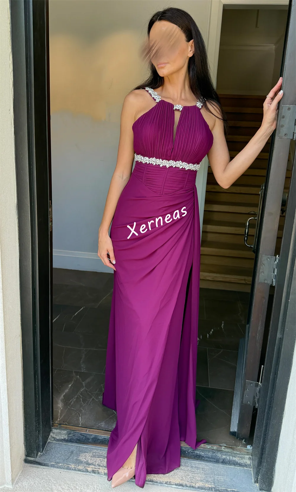 Vestidos largos de trompeta con cuello redondo y pliegues de diamantes de imitación de gasa personalizados para ocasiones a medida mujer exquisita fiesta boda noche de mujer