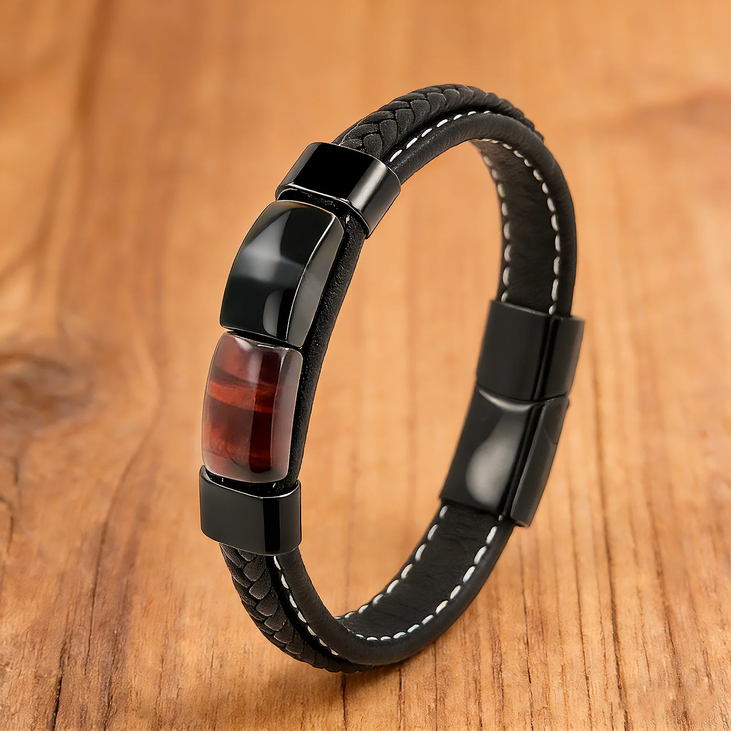 Natürliches Armband aus Tigeraugenstein und gewebtem Leder für Damen und Herren, schwarzes Metall, 2026, trendiger Modeschmuck, luxuriös – Detail 2