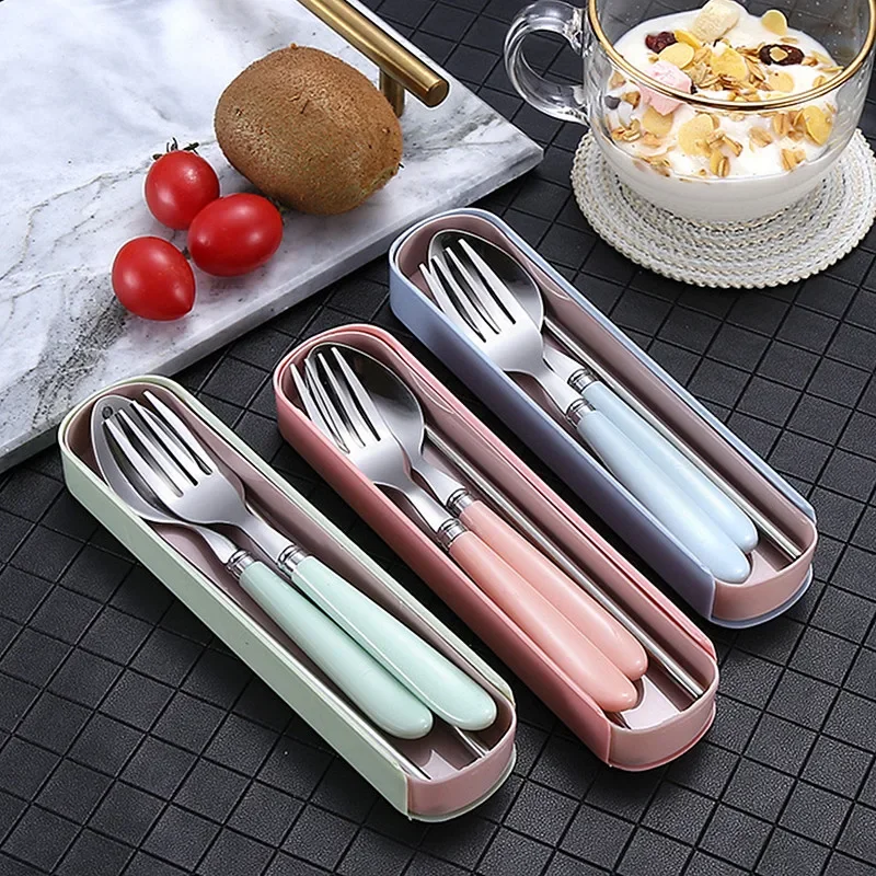 410 Stainless Steel Chopsticks Tableware Portable Fork Spoon Student Office Worker Three-piece Cute Storage Box cutlery set