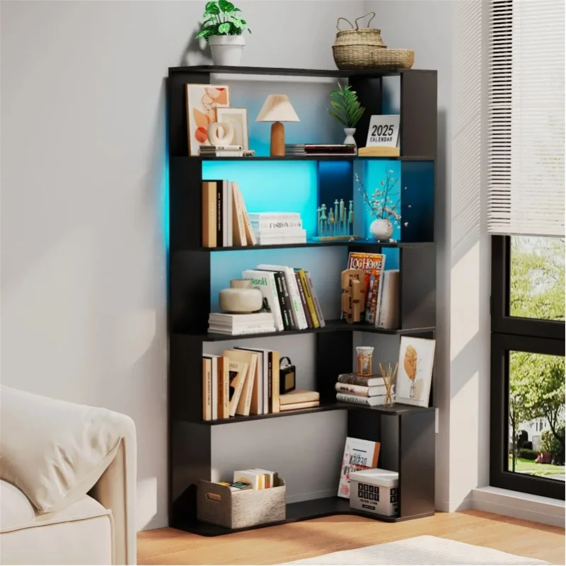 5 Layers Corner Wood Triangular Bookshelf Study Solid Wood Light Strip Multifunctional Open Shelf Storage Bookshelf Living Room Home