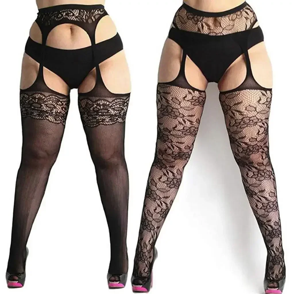 Lớn Cộng Lớn Kích Thước Mỡ Nữ Oversize Fishnet Đen Cổ Mở Crotchless Body Thun Quần Kỳ Lạ Gợi Cảm Quần Âu