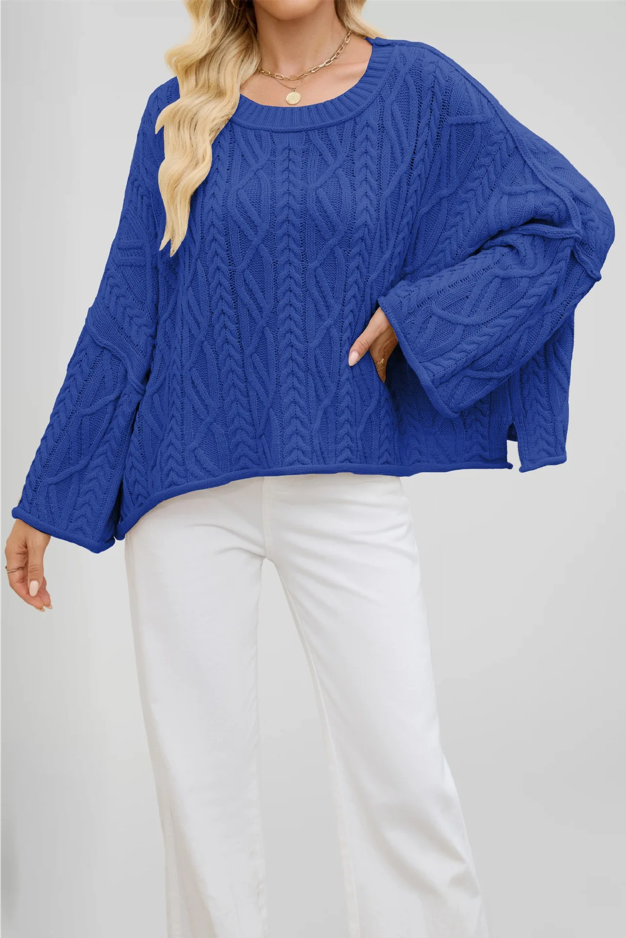 New Womens Oversized Cable Knit Bell Sleeve Sweater Crew Neck Side Slit Casual Pullover for Fall Winter view 6