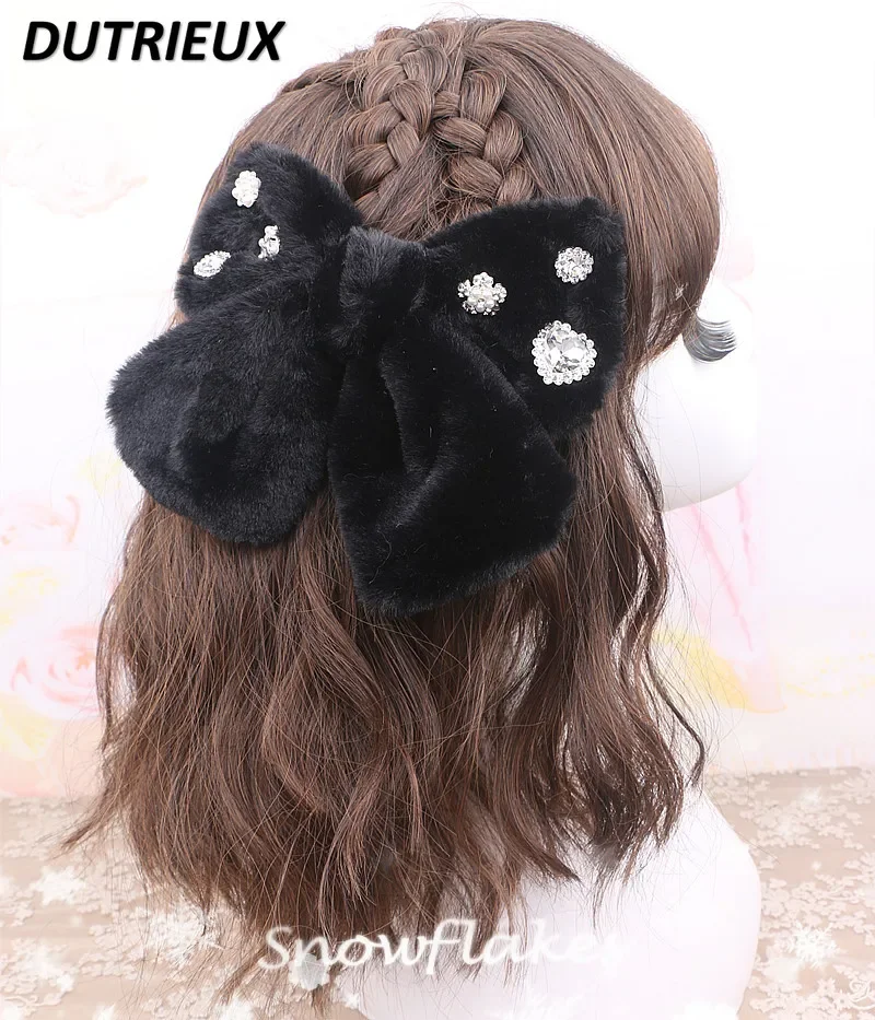 Japanese Style New Headwear Christmas Rhinestone Snowflake Love Oversized Bow Hairpin Girl Hair Accessories Sweet Cute Hairclip