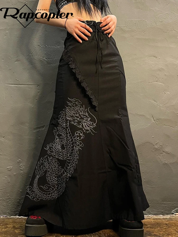 

Rapcopter Dragon Print Midi Skirts Lace Tie Up Goth Black Long Skirts Women Vintage Punk Korean Pleated Skirts Streetwear Retro