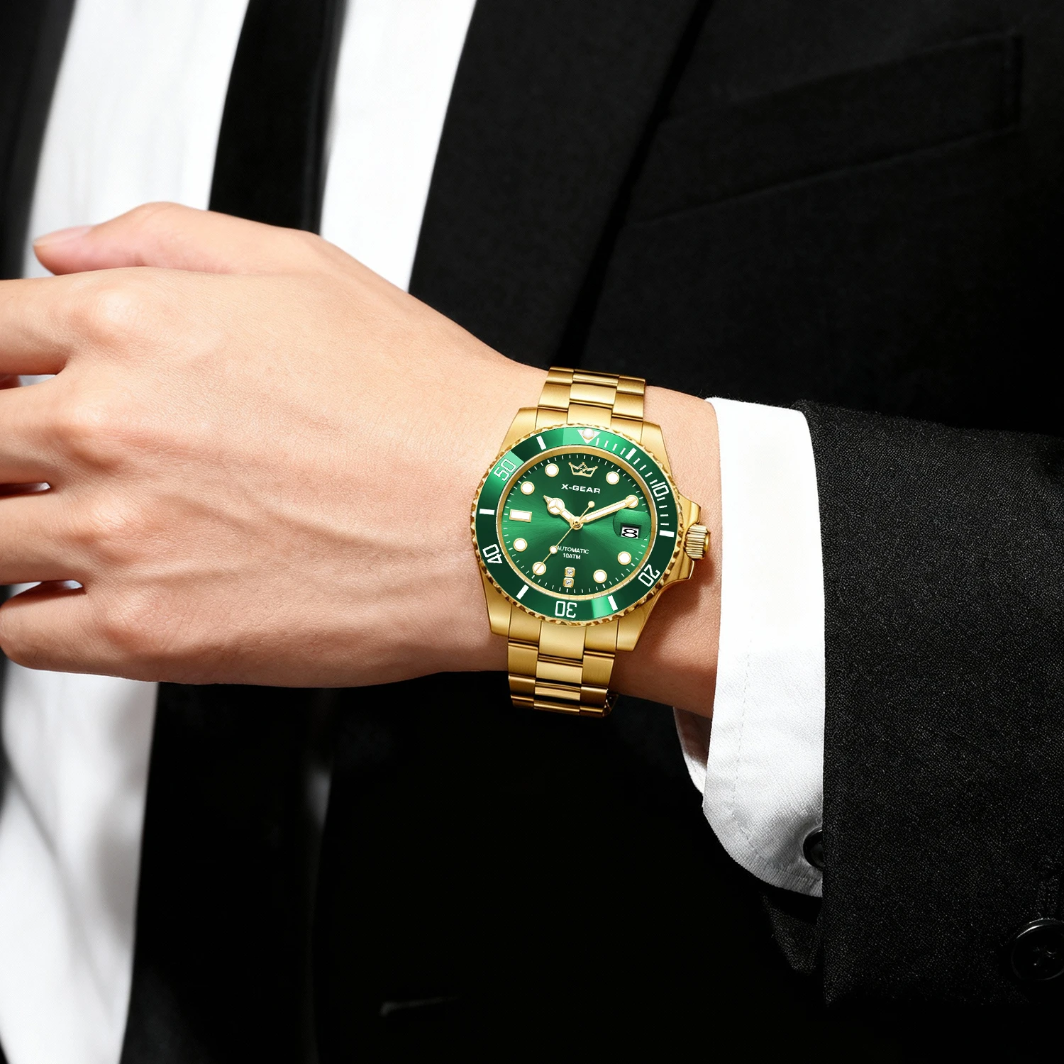 ساعة X-GEAR Water Ghost المضيئة للغوص حركة ميكانيكية أوتوماتيكية من الفولاذ المقاوم للصدأ حزام ساعة بإطار من السيراميك مقاوم للماء