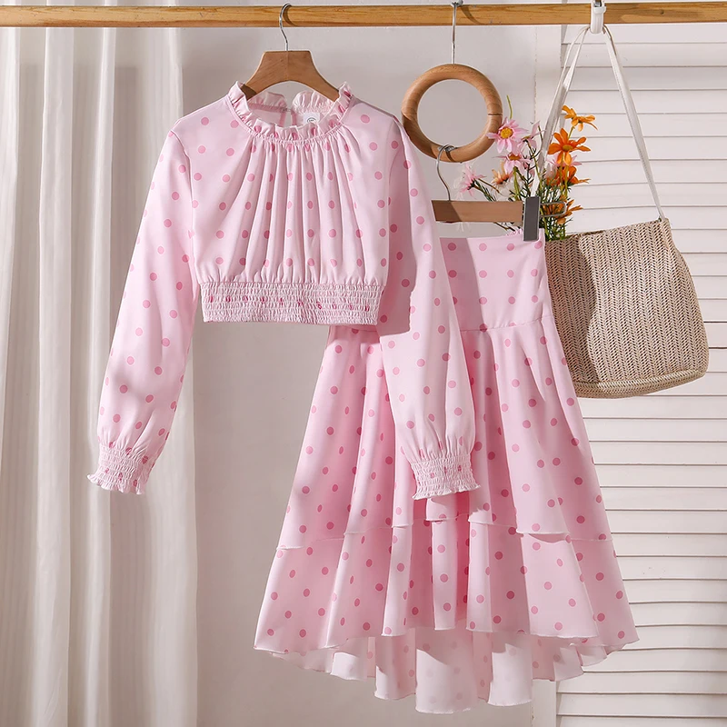 Teen Girls Spring Casual Two Piece Outfit, Puff Sleeve Dot Blouse And High Waist Multi-Layer Flared Skirt Suit