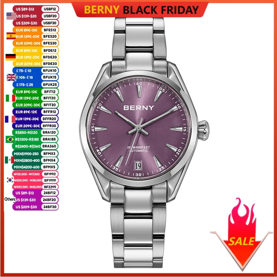 BERNY Automatic Women Watch PT5000 Sapphire Mechanical Elegant Women's Swim Watches 20ATM Full Stainless steel Swim Wristwatch