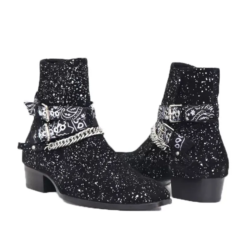 British Black Bling Sequins Buckle Floral Bandana Straps with Chains Ankle Boots Men Bling Square Heel slip on Short Boots