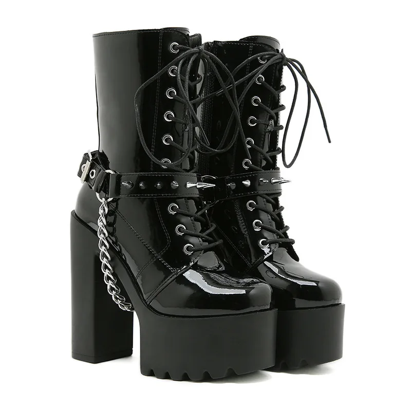

2026 New Ladies Punk Rivet Belt Buckle Thick-soled Mid-boots High-quality Ladies Front Lace-up 14CM Thick Heel Fashion Boots