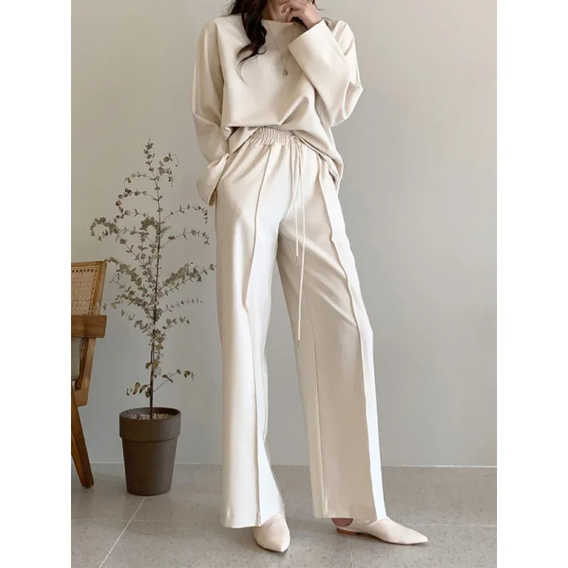 ربيع الخريف المرأة طويلة الأكمام البلوز مرونة الخصر بنطال ذو قصة أرجل واسعة قطعتين مجموعة أزياء عارضة الرياضة البدلة