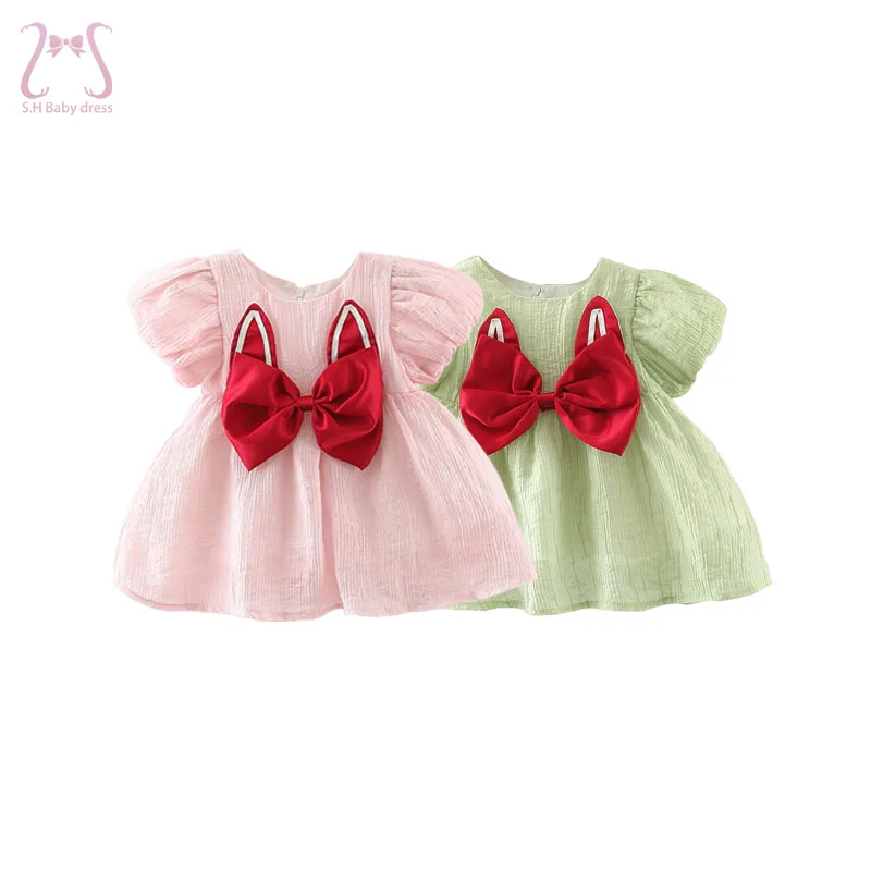 

New Solid Color Baby Girl Dresses Puff Sleeves Round Neck Children's Clothes Summer Sweet Bowknot Kids Costume 0 To 3 Years
