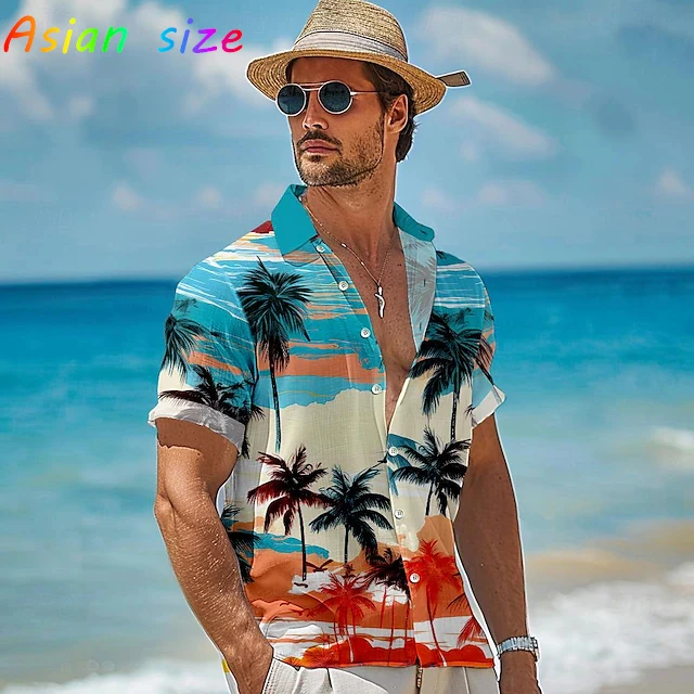 

New Palm Tree Hawaiian Men Shirt Button Up Shirts Tropical Hawaiian Beach Shirt Gift For Vacation Tee Tops Short Sleeve Blouses