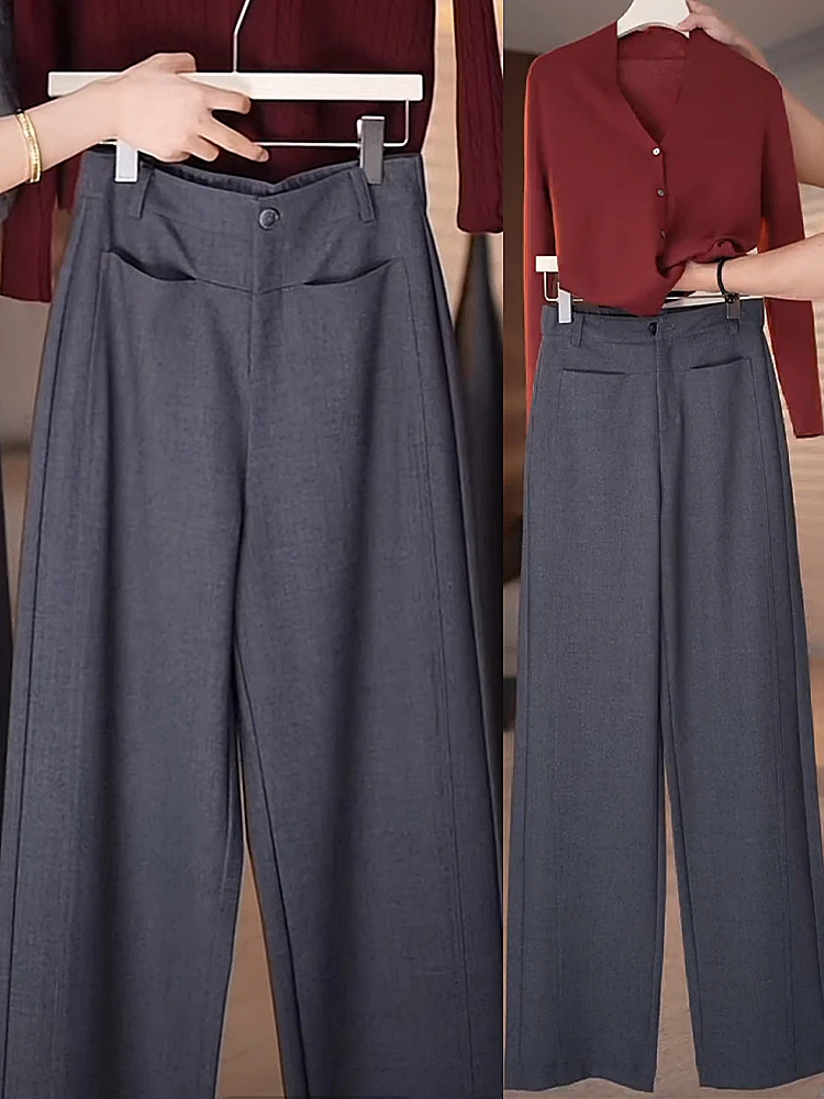 

Gray Straight Leg Suit Pants Women's Spring Autumn Winter New Fashion Wide Leg Wool Casual Pants High Waist Commute Style