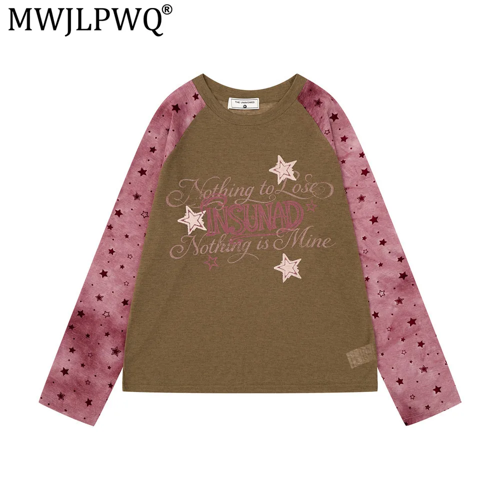 MWJLPWQ Starry Sky Print Patchwork Color-Blocked Raglan Long-Sleeve T-Shirt For Men American Trendy Ins Style Casual Tops  20592