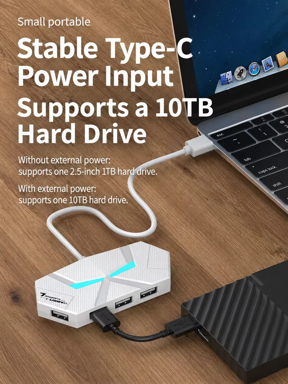 4/7 Port USB 2.0 Hub RGB Multi USB Splitter Adapter with Type-C Power Port for Laptop PC Keyboard Mouse Flash Drive HDD Printer