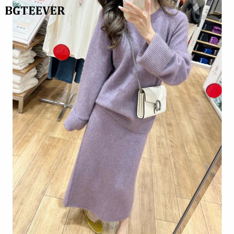 

BGTEEVER Autumn Winter Women Knitted Skirt Set O-neck Long Sleeve Sweaters Ladies Straight Sweater Skirts
